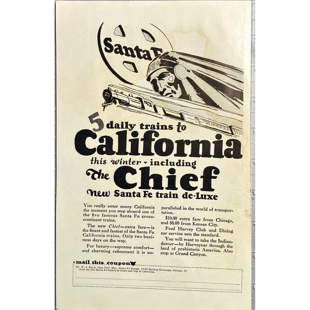 Santa Fe Cross-Continent Trains "The Chief-Finest & Fastest" Vtg Print Ad 1926